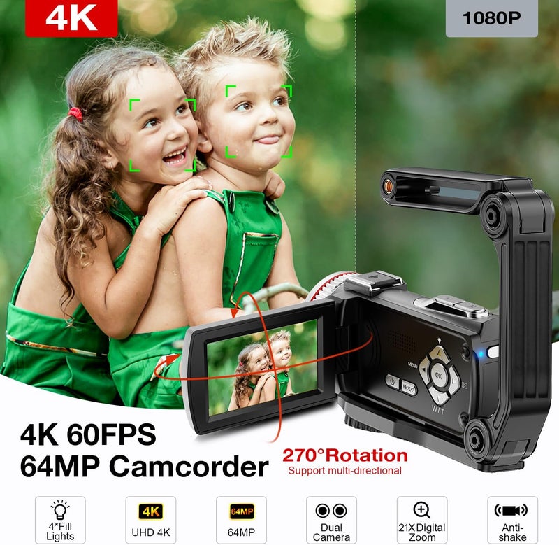 Dumjug كاميرا فيديو 4K، كاميرا فيديو مزدوجة بدقة 64MP UHD للتدوين على يوتيوب، كاميرا مدونة بشاشة IPS وزوم رقمي 21X مع ميكروفون خارجي، مثبت، جهاز تحكم عن بعد، بطاريتين، بطاقة ذاكرة - Image 2